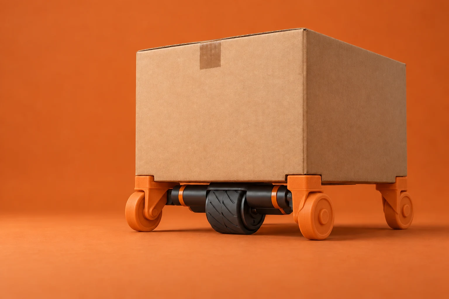 Concept visualization of a cardboard box with orange consumable wheels and a motor module underneath